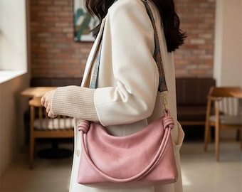 Bolso de hombro de lujo para mujer en piel suave, bolso cruzado geométrico con correa ancha, bolso de mano minimalista y elegante.