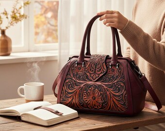 Bolso de mano retro de piel repujada – Bolso de hombro con grabado floral en 3D