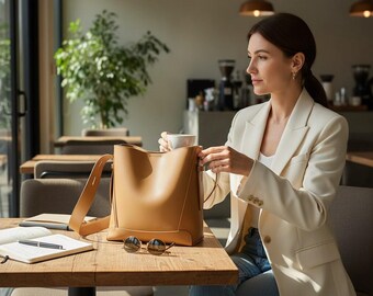 トレンディな2層構造の本革トートバッグ - 大容量レディースバケットショッパー