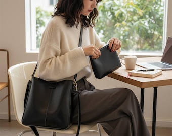 レトロPUレザートートバッグセット – 大容量ショルダーショッパーバッグ