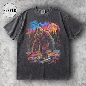 Bigfoot Shirt, Vintage Cryptid Graphic Tee, Retro Forest Sasquatch Comfort Colors Shirt, Neon Nature Gift for Outdoors Lover