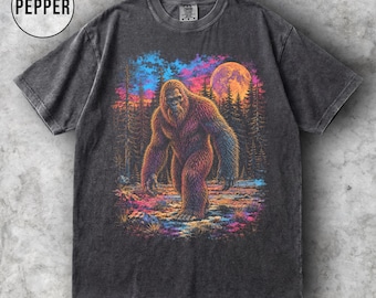 Shirt Bigfoot, vintage Cryptid graphic T-shirt, retro Forest Sasquatch comfort kleuren shirt, neon natuurcadeau voor buitenliefhebber