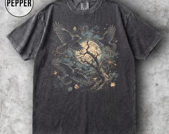 Shirt raaf, Crow Bird grafisch T-shirt, vintage gotisch natuurcadeau, Moon Forest Comfort kleuren T-shirt, donker Cottagecore Outdoor-T-shirt