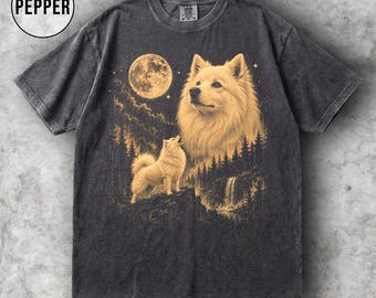 Grafisch T-shirt Samojeed-maan, vintage pluizig hondenshirt, retro jaren 90 cadeau huisdierliefhebber, hond moeder vader T-shirt, T-shirt comfort kleuren