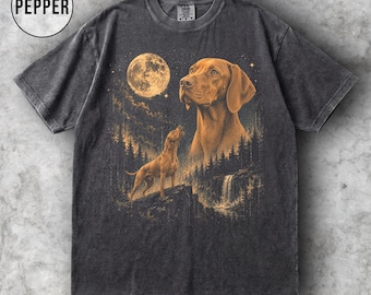 Vizsla Moon grafisch T-shirt, Vizsla hondenshirt, vintage Vizsla Lover-T-shirt, retro jaren 90 maan dier shirt, Vizsla moeder cadeau, comfortkleuren