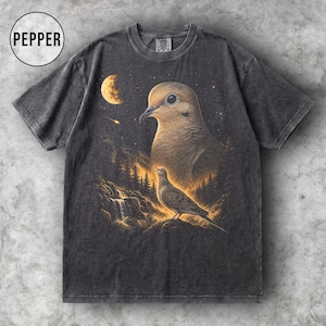 T-Shirt mit Trauertaubenmotiv, Vollmond-Vogelgrafik, Geschenk für Vogelbeobachter, Vintage-T-Shirt in angenehmen Farben mit Wildtiermotiven
