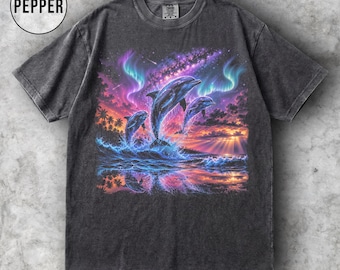 Shirt dolfijnen jaren 90, vintage shirt dolfijn oceaan, retro shirt tropische zonsondergang, cadeau dolfijnliefhebber, esthetisch strand grafisch T-shirt, comfortabele kleuren