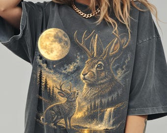 Jackalope-shirt, Howling Moon Western Animal T-shirt, vintage retro land grafisch shirt, comfortkleuren natuur uniseks T-shirt