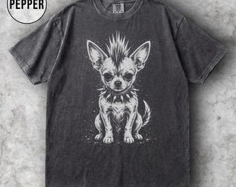 Vintage punk chihuahuashirt, grappig chihuahua-shirt, hondenshirt punkrock, hondenliefhebber cadeau met puntige kraag, comfortkleuren
