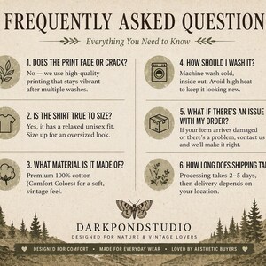 May include: A vintage-style graphic with the text "FREQUENTLY ASKED QUESTIONS" and answers about print durability, sizing, material, washing instructions, order issues, and shipping. The image includes a butterfly and forest illustrations.