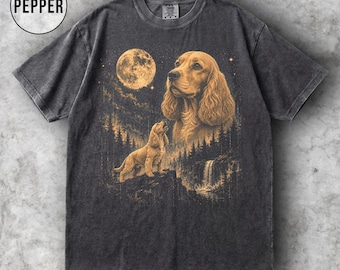 T-shirt cocker-spaniël maan, vintage hondenshirt spaniël, retro jaren 90 cadeau huisdierliefhebber, shirt hond moeder vader, shirt comfort kleuren