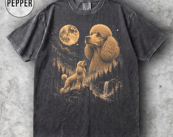 Grafisch T-shirt Poedelmaan, vintage krullend hondenshirt, retro jaren 90 huisdierliefhebber cadeau, hond moeder vader T-shirt, comfort kleuren T-shirt