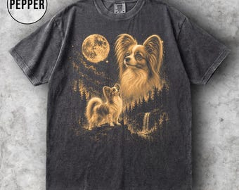 Grafisch T-shirt Papillon Howling Moon, shirt Papillon, vintage shirt maan dieren, retro hondenliefhebber cadeau, shirt Papillon moeder, comfortabele kleuren