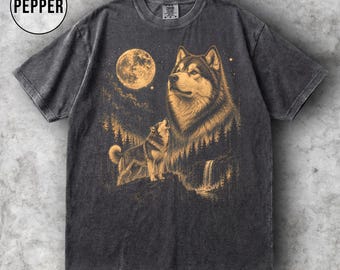 Alaskan Malamute Moon Graphic T-shirt, vintage Arctic Dog Shirt, retro jaren 90 huisdierliefhebber cadeau, hond moeder vader T-shirt, comfort kleuren