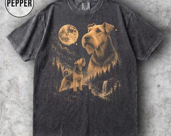 Airedale Terrier Moon Graphic T-shirt, vintage draadhaar hondenshirt, retro jaren 90 huisdier minnaar cadeau, terriër moeder vader T-shirt, comfort kleuren shirt