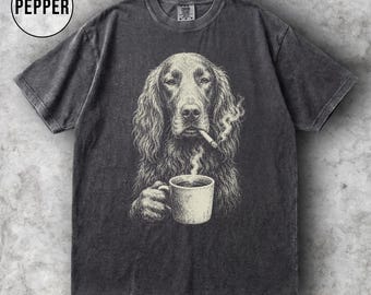 Shirt Ierse setter roken koffie, grafische T-shirt Ierse setter, vintage hondenliefhebber T-shirt, shirt koffie hond, cadeau vader hond, shirt comfort kleuren
