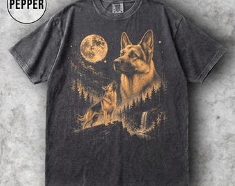 T-shirt Duitse herder maan, vintage werkhondenshirt, retro jaren 90 cadeau huisdierliefhebber, shirt hond moeder vader, comfortabele kleuren