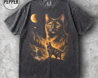 Camiseta de gato carey con luna, camiseta gráfica vintage para amantes de los gatos, regalo para mamás de gatos carey, camiseta de gatito celestial, camiseta de gato Comfort Colors