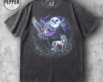 T-shirt jaren 90 fantasie eenhoorn grafisch comfort kleuren, vintage grillig shirt, drakenshirt jaren 90, T-shirt middeleeuws kasteel
