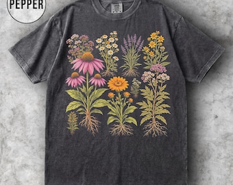 Vintage Wiesenblumen Grafik-T-Shirt, Botanisches Cottagecore Comfort Farben T-Shirt, Blumennatur-Shirt, Gartenblumen-Shirt