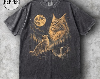 Grafisch T-shirt Maine Coon-maan, shirt Maine Coon-kat, vintage kattenliefhebber T-shirt, retro jaren 90 maan dier shirt, cadeau kat moeder, comfort kleuren