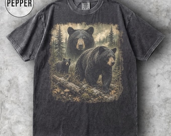 Vintage shirt zwarte beer, grafisch T-shirt beer dieren in het wild, shirt bos dieren, shirt beer moeder papa, bos comfort kleuren T-shirt, T-shirt buitenliefhebbers