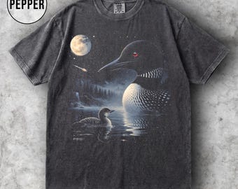 Loon Howling to the Moon Comfort Colors Shirt, Loon Bird Full Moon Graphic T-shirt, jaren 90 Animal Tee, Loon Mom cadeau, esthetische retro Loon-kleding
