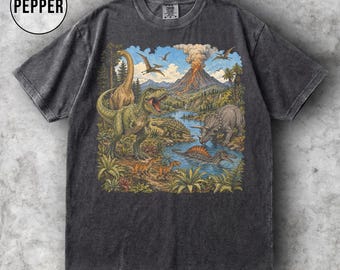 Shirt dinosaurus, T-Rex dinosaurus T-shirt, Jurassic Era vulkaan afbeelding, prehistorische dino minnaar cadeau, paleontologie comfort kleuren shirt