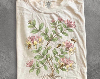 Honeysuckle Bee Shirt, Vintage Botanical Flower Tee, Cottagecore Garden Shirt, Retro Nature Graphic, Comfort Colors Unisex Tee