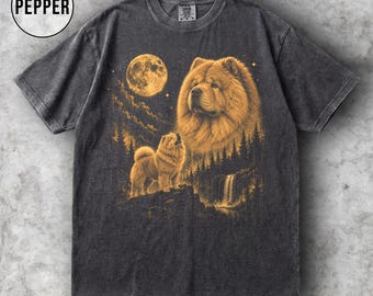 Grafisch T-shirt Chow Chow Moon, vintage pluizig hondenshirt, retro jaren 90 cadeau huisdierliefhebber, hond moeder vader T-shirt, T-shirt comfort kleuren