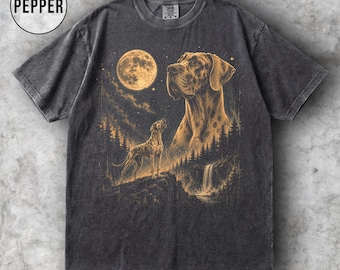 Great Dane Moon Graphic T-shirt, vintage zacht reus shirt, retro jaren 90 huisdier minnaar cadeau, hond moeder vader T-shirt, comfort kleuren shirt