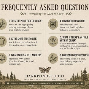 May include: A vintage-style graphic with the text "FREQUENTLY ASKED QUESTIONS" and answers about print durability, sizing, material, washing instructions, order issues, and shipping. The image includes a butterfly and forest illustrations.