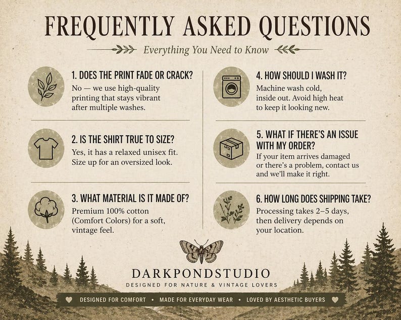 May include: A vintage-style graphic with the text "FREQUENTLY ASKED QUESTIONS" and answers about print durability, sizing, material, washing instructions, order issues, and shipping. The image includes a butterfly and forest illustrations.