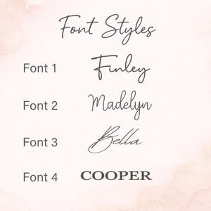 以下が含まれることがあります： フォントスタイルを示すデジタルグラフィック。上部に「Font Styles」の文字があり、Finley、Madelyn、Bella、COOPERの4つのフォント例が続きます。背景は、ピンクとゴールドの色調で、柔らかい水彩画のような効果があります。
