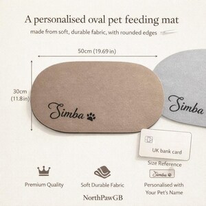May include: A personalized oval pet feeding mat, 19.69 inches long and 11.8 inches wide, made of soft, durable fabric. The mat is beige with the name "Simba" and a paw print. The text "NorthPawGB" is also visible.