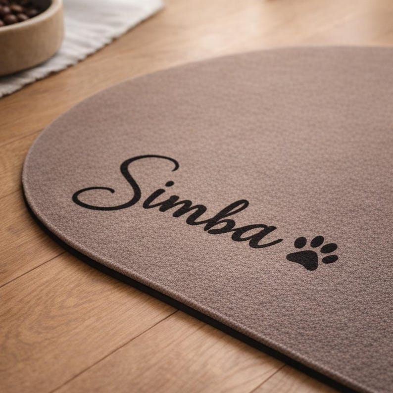 May include: A semi-circular, taupe-colored pet mat with the name "Simba" in elegant black script and a paw print. The mat has a black border and is placed on a wooden floor.