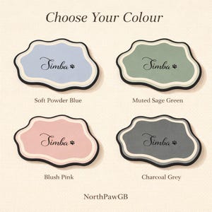 May include: Four pet name tags in pastel colours: soft powder blue, muted sage green, blush pink, and charcoal grey. Each tag displays the name "Simba" in script with a paw print, and the text "Choose Your Colour".