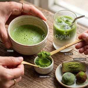 May include: A ceramic bowl filled with vibrant green matcha tea, a glass of iced matcha latte with a metal straw, a small container of matcha powder, and a plate with a green cake and mochi. Text labels include POWDER, TEA/LATTE, BAKING/SWEETS, and CONSUMPTION.