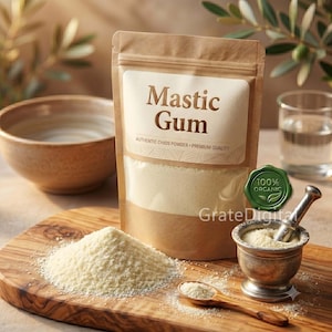 May include: A brown paper pouch labelled Mastic Gum Authentic Chios Powder Premium Quality with a pile of white powder, a small wooden spoon, and a metal mortar and pestle containing powder on a wooden board with a green 100% organic seal.