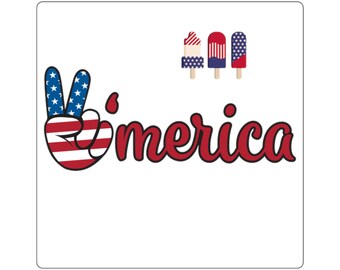 Könnte beinhalten: Ein weißer Aufkleber mit einem Design, das ein Friedenszeichen mit einem blauen Sternmuster und rot-weißen Streifen zeigt. Das Wort "America" ist in roter Schrift geschrieben, und drei Eis am Stiel-Illustrationen befinden sich über dem Wort.