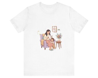 Könnte beinhalten: Weißes T-Shirt mit einer herzerwärmenden Illustration einer Mutter, die einem Kind vorliest. Das Kunstwerk zeigt eine gemütliche Szene mit einem lila Sessel, einem Beistelltisch mit Blumen und einem gerahmten Bild an der Wand. Das Design vermittelt Wärme und Familie.