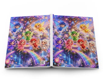 Könnte beinhalten: Ein aufgeschlagenes Hardcover-Buch mit einer lebendigen, farbenfrohen Illustration mehrerer kleiner Feen mit Flügeln in verschiedenen Farben, darunter Blau, Gelb, Grün, Rot, Lila und Weiß, die über eine leuchtende Regenbogenbrücke fliegen.