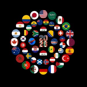 Puede incluir: Una disposición circular de numerosos iconos pequeños y coloridos de banderas nacionales que rodean el texto 2026 en el centro. El diseño se encuentra sobre un fondo negro sólido con el texto HIGH QUALITY PNG arriba y PNG DIGITAL DOWNLOAD abajo.