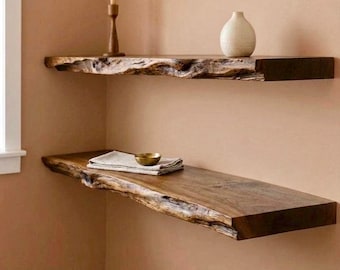 Live Edge Walnut Floating Shelves, Natural Wood Farmhouse Nursery Kitchen