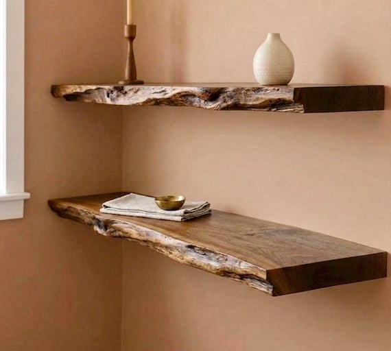 Live Edge Walnut Floating Shelves, Natural Wood Farmhouse Nursery Kitchen