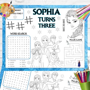May include: A printable activity sheet featuring the text SOPHIA TURNS THREE, a word search, a dot-to-dot drawing of a character with a braid, a maze game, and line art illustrations of characters including Anna, Elsa, Kristoff, and Olaf.