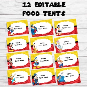 May include: Twelve rectangular food tents featuring yellow chevron patterns, red polka dot borders, and white scalloped labels with the text "YOUR TEXT HERE". Each card displays a different cartoon character, including Mickey, Minnie, Donald, and Goofy.