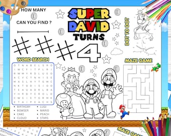 Super Mario Verjaardag Placemat Activiteitenblad, gepersonaliseerde Mario-kleurplaat Feestmat Kids Fun Mario Games Mario Party Favor-bundel SP1