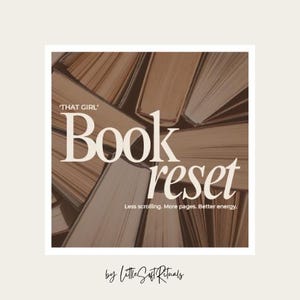 May include: A square image with a beige border shows a background of open books in brown tones. The words "Book reset" are in a large, stylish font. Smaller text reads "Less scrolling. More pages. Better energy."