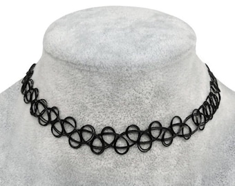 90er Jahre Tattoo Choker Halskette elastisch • Retro Stretch Kette in Schwarz Weiß Pink Blau • Y2K Grunge Gothic Schmuck Unisex Modeschmuck